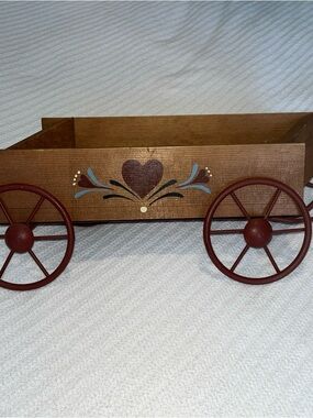Handpainted Wooden Decorative Wagon Planter with Heart Motif - Brown & Red